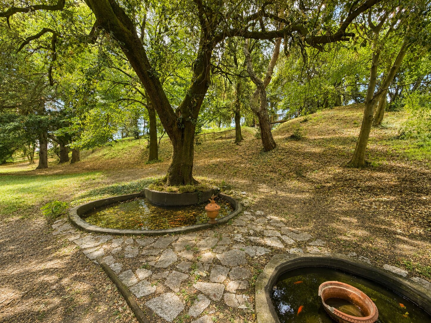 Angolo del parco di Villa Giolai con laghetti in pietra e pesci rossi