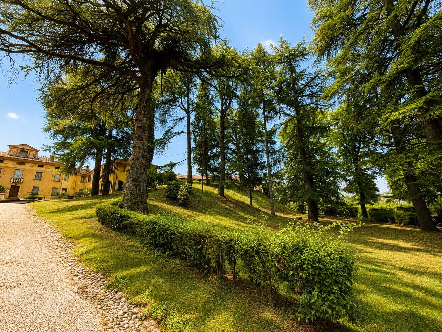 Parco di Villa Giolai con alberi secolari, prato e vista sulla villa storica